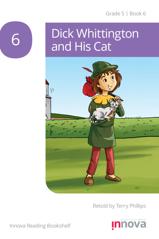 a boy in green clothes and a hat, carrying a knapsack knotted on a stick, and a light grey cat.