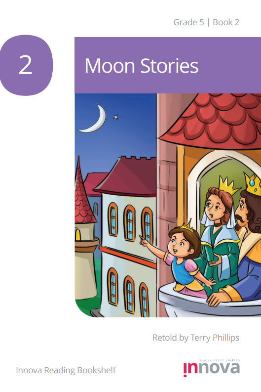 At the balcony of a castle tower, a small princess wearing a pink and blue dress points at the moon, with her parents the King and Queen looking up as well.