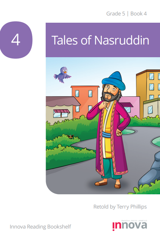Nasruddin, wearing a yellow jacket and a deep pink outer robe, and a blue headdress, strokes his beard as he stands in the middle of a path.