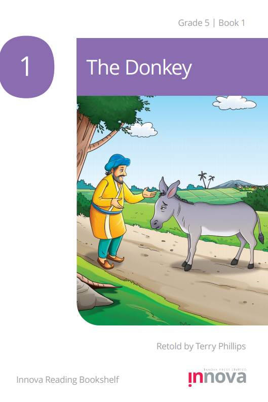 a man in a yellow robe, Nasruddin, looks towards a sad looking donkey as they stand in the middle of the road.